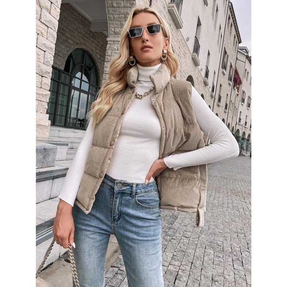 BohoGypsyDreamer Jackets & Blazers - Snap Button Up Corduroy Puffer Vest Coat tan